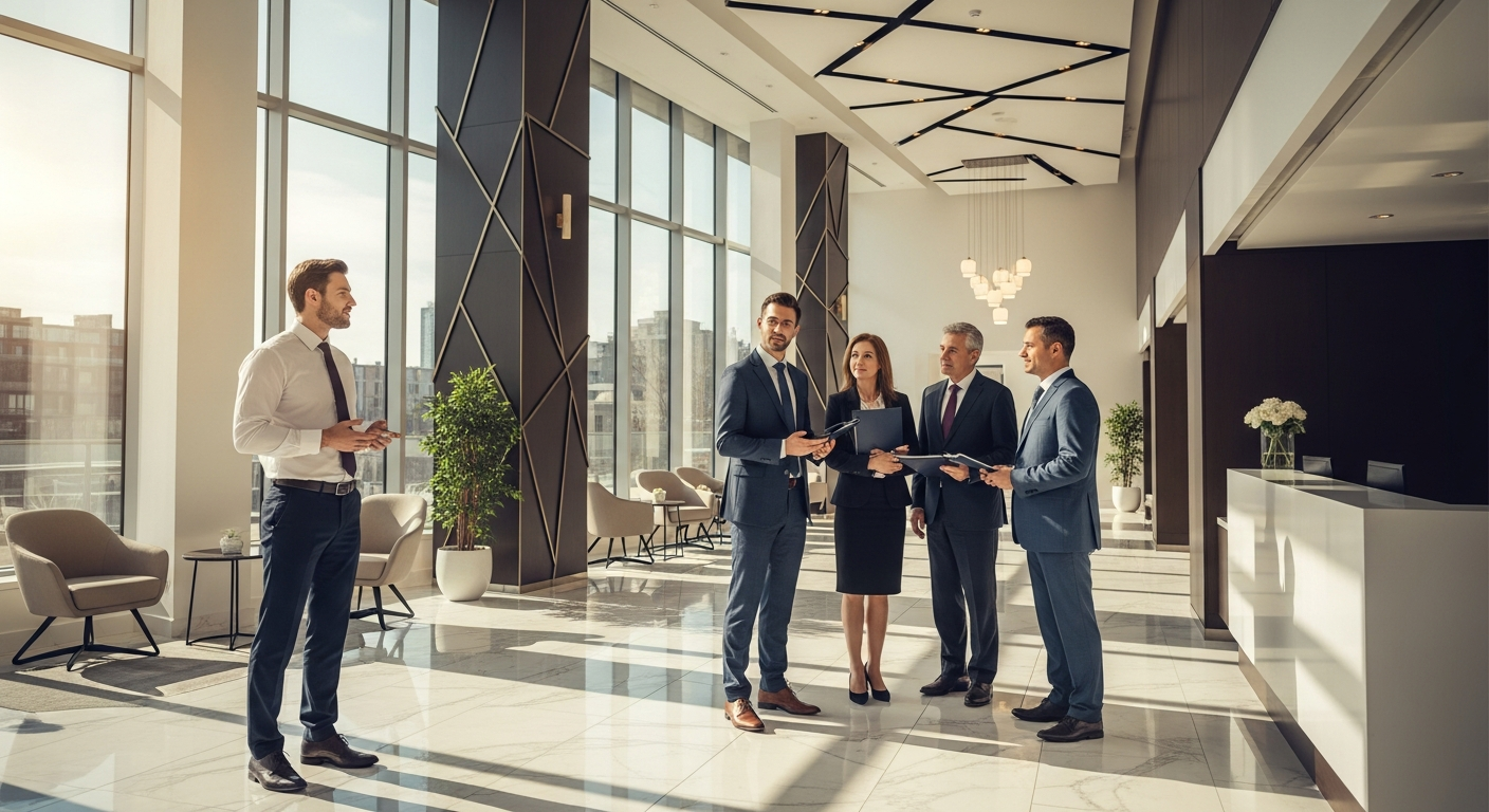 Condo board and property manager in a lobby discussing reserve fund planning