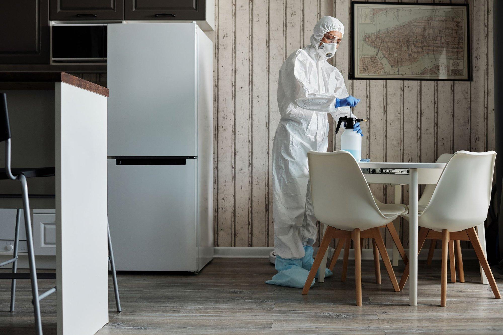 Pest control technician in a white protective suit and mask treating the kitchen and dining area of a condo unit